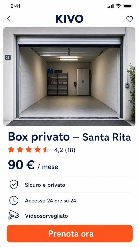 Schermata KIVO: scheda di un box privato con prezzo e prenotazione