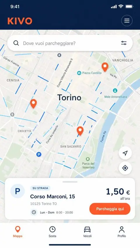 Schermata KIVO: la mappa dei posti liberi a Torino